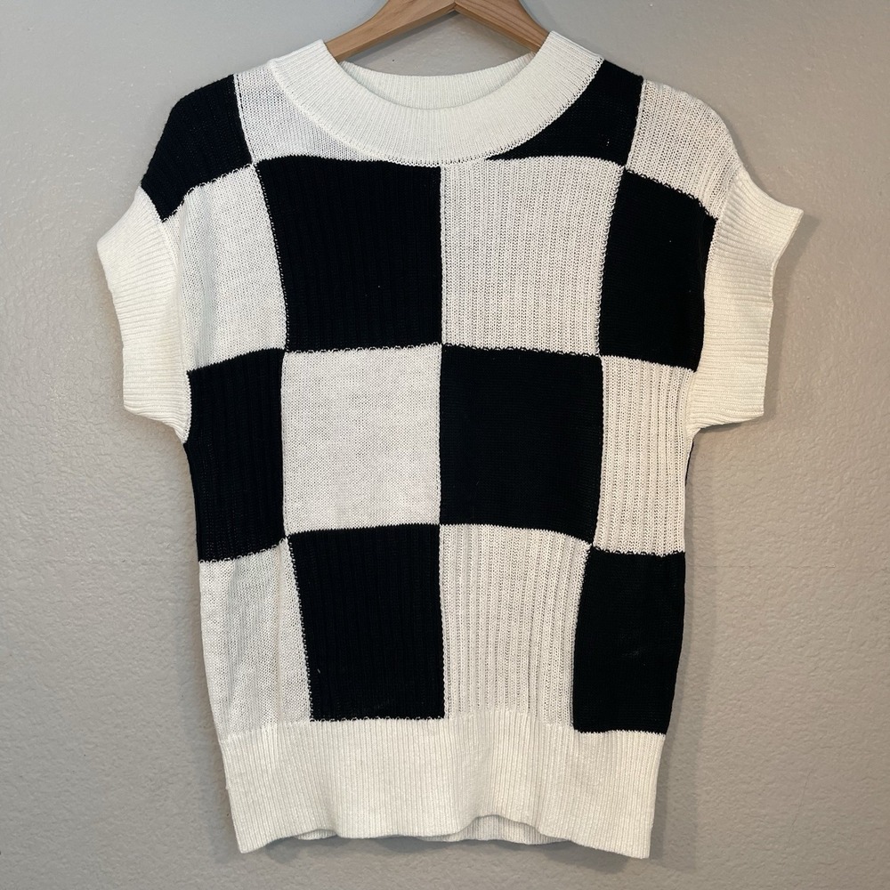 Womens Small Black White Checkered Colorblock Knit Short Sleeve Shirt Soft